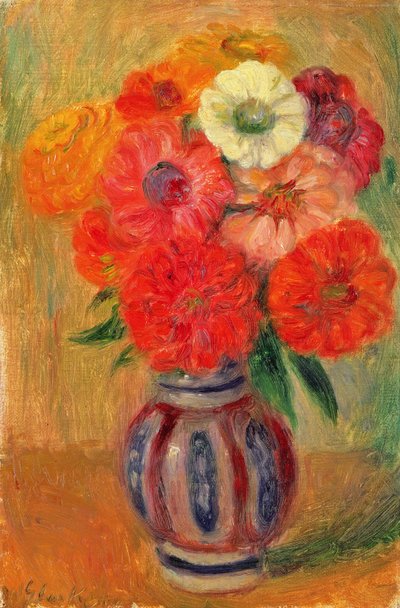 Zinnias dans un vase bleu rayé - William James Glackens